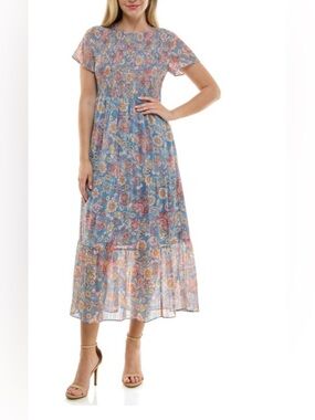 Nanette Lepore Blue Floral Tiered Maxi Dress with Pink Accents NEW size 14